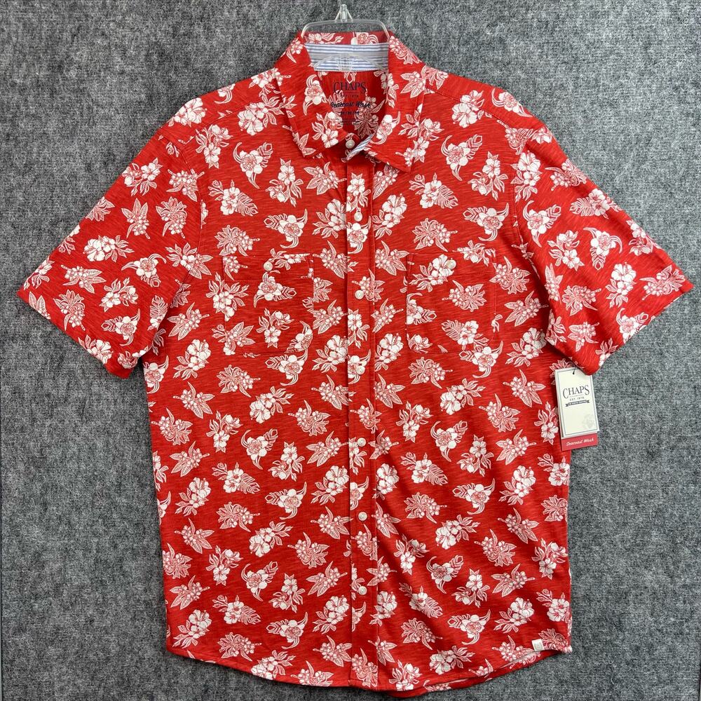 Chaps Mens Seacost Wash Button-Down Printed Shirt Size Medium Red White